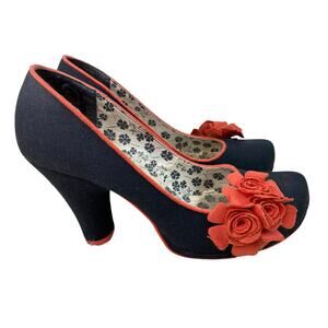 Ruby Shoo Women's Size EU 39 US 8.5 Black Fabric Red Floral Heels Pumps